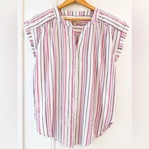 LOFT Striped Cap Sleeve Button Front Blouse Pink White Size M